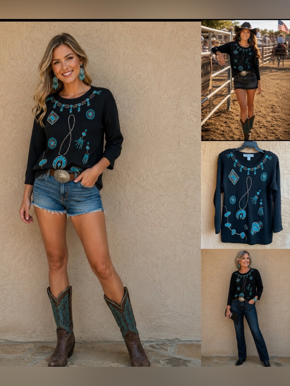 Victoria Jones VTG 90's Beaded Knit Sweater: Turquoise & Silver Cowgirl Style MP